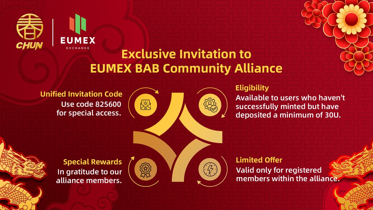 🚀Unlock exclusive benefits with the EUMEX BAB Alliance! 

✨ Join us for unique rewards, special for members with over 30U deposits &amp; unsuccessful minting. 

✨Use code 825600 for access!

#CHUN #EUMEX #Crypyo #Inscriptions