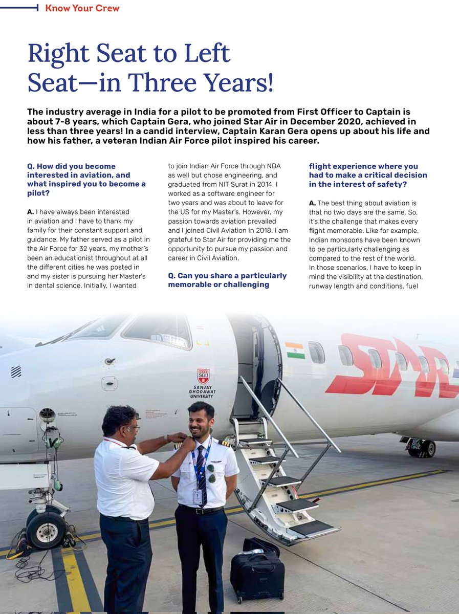 OfficialStarAir's tweet photo. Right seat to left seat, in 3 years! Karan Gera joined Star Air in December 2020 as a First Officer and was recently promoted to Captain, in what may be the fastest transition from a First Officer to Captain in the country.
#KnowYourCrew #ConnectingRealIndia #StarAir #Embraer https://t.co/wPl3xdcwHY