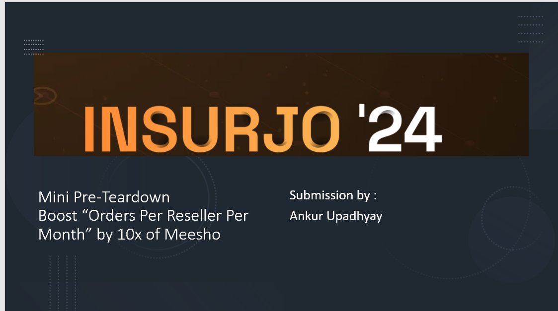 ANKURUDIXIT's tweet photo. 🚀 Excited to join the Product Folks Insurjo 2023 Challenge! 🚀

🔍 Problem Statement: Boost "Orders Per Reseller Per Month" by 10x at Meesho.

 @TheProductFolks #ProductFolksInsurjo2023 #ProductManagement #ChallengeAccepted @Meesho_Official #Teardown https://t.co/7pMRxHPVpK