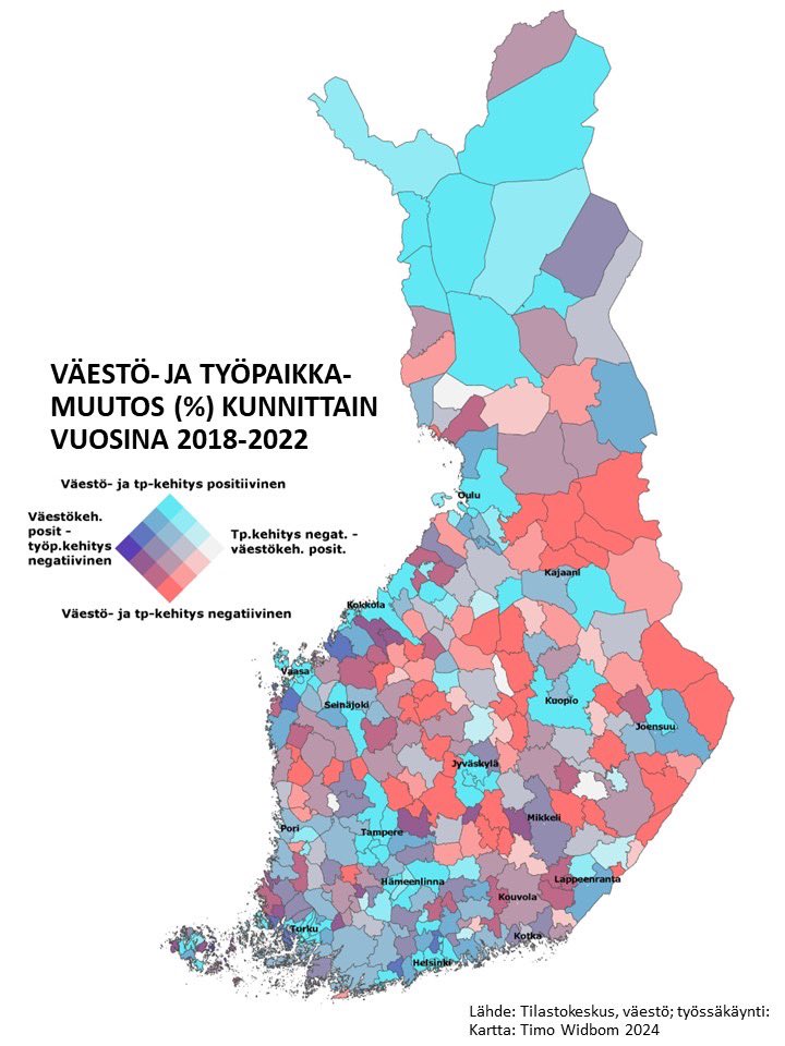 VÄESTÖ- JA TYÖPAIKKAMUUTOS (%) KUNNITTAIN 2018-2022: kaksi aluekehityksen avainmittaria yhdellä kartalla

☀️molemmat kasvavia 53 kuntaa

🌧️molemmat supistuvia  201 kuntaa

🌤️ väestömuutos positiivinen ja työpaikkamuutos negatiivinen 15 kuntaa

🌤️ työpaikkamuutos positiivinen,