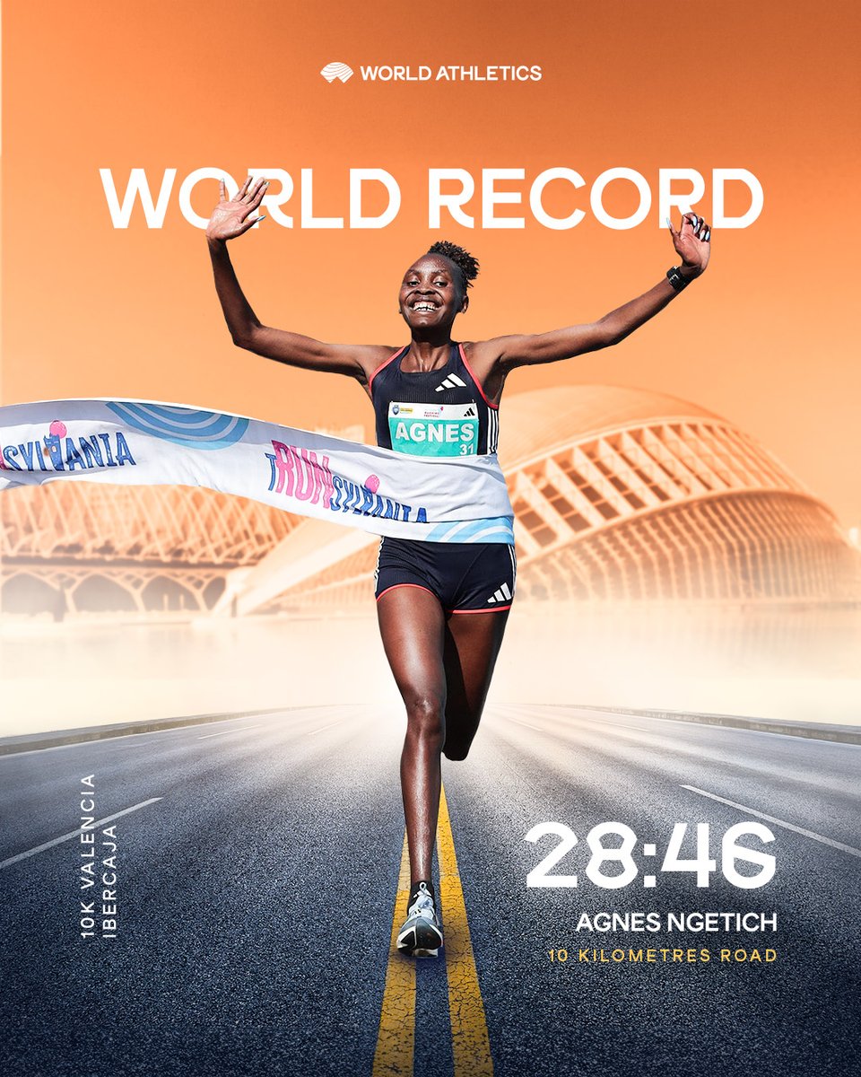 WorldAthletics's tweet photo. OUT OF THIS WORLD 🔥

🇰🇪's Agnes Ngetich smashes the 10 kilometres road race world record* by an astonishing 28 seconds at the @10KValencia and becomes the first women in history to break 29 minutes.

28:46 🤯

*Subject to the usual ratification procedures https://t.co/6xB8XNkeM6
