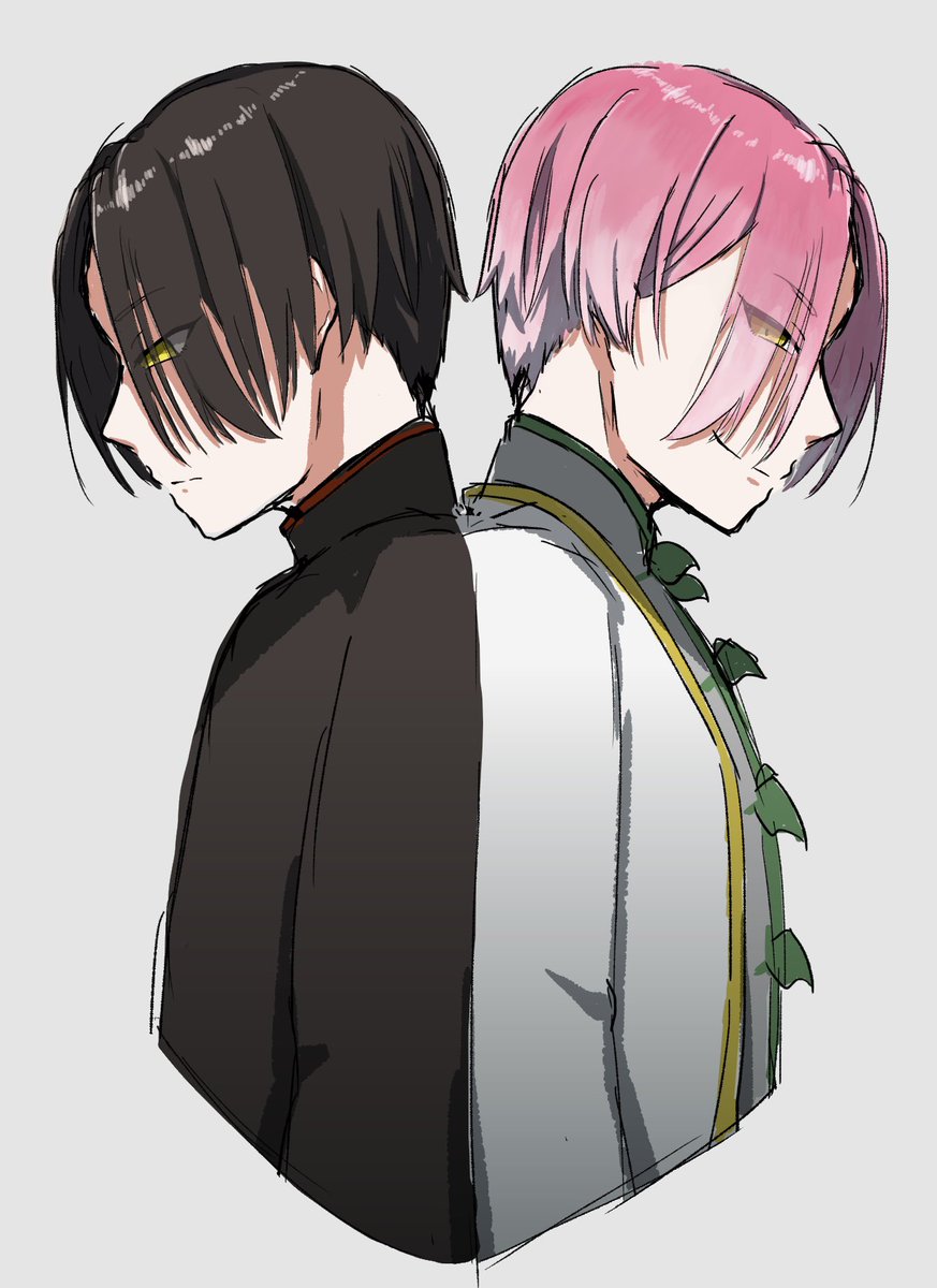 multiple boys 2boys male focus back-to-back pink hair yellow eyes black hair  illustration images