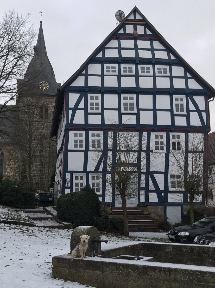 The view out of my mom's birthplace. Isn't it beautiful? 👩🏻🐕 The house is the crookedest inhabited half-timbered house in Germany. It used to be home to a butcher and a pub.