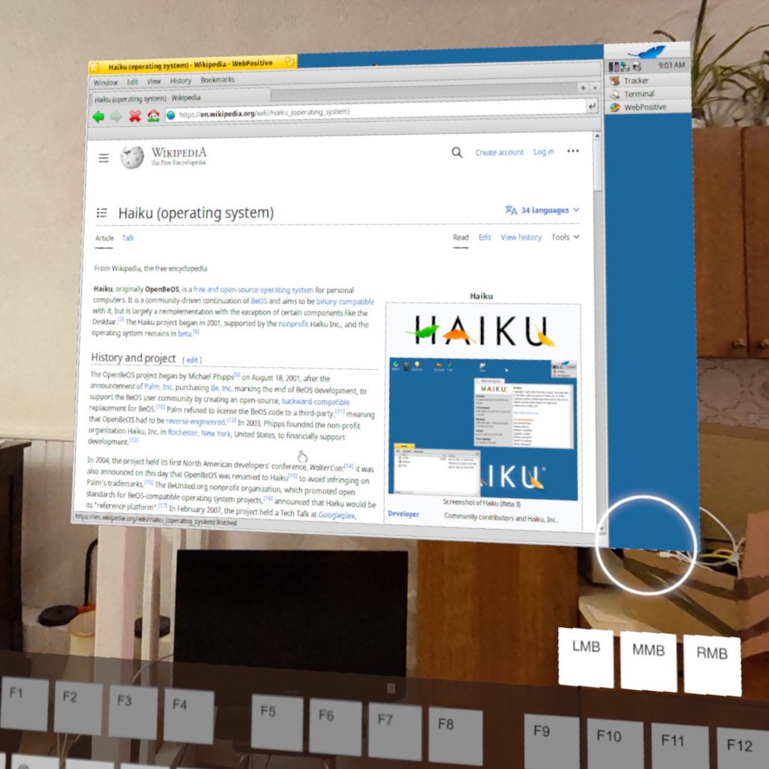 anjin_games's tweet image. XRHaiku: #HaikuOS / #BEOS in augmented reality !

This is the 64 bit version of Haiku and the browser is very good. I had to set the screen to 24 bit colour for the screen to work.  Terminal also works fine. I can&apos;t see any other issues so far.

#AnjinVirtualComputer #XRLinux