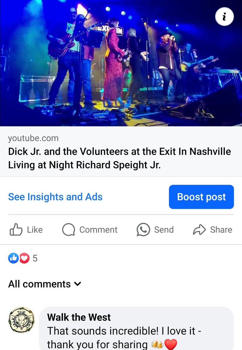 Happy to report that Nashville's #WalkTheWest approve of #DickJrAndTheVolunteers' cover of 'Living At Night'. (Comment was re: @WinRanger's @EXIT_IN clip, which I shared on our FB page)