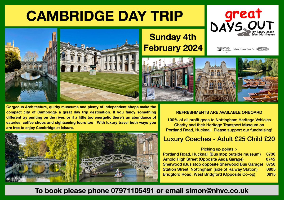 We are open today (14/01/24)
10am - 4pm
*JANUARY SALES*
Bus rides 🚍🚌
See what fantastic trips are in offer from the #GreatDaysOut team
See you all soon 👍

#nhvc #Nottingham #Hucknall #openday #Oxford #Cambridge #DayTrip #JanuarySales