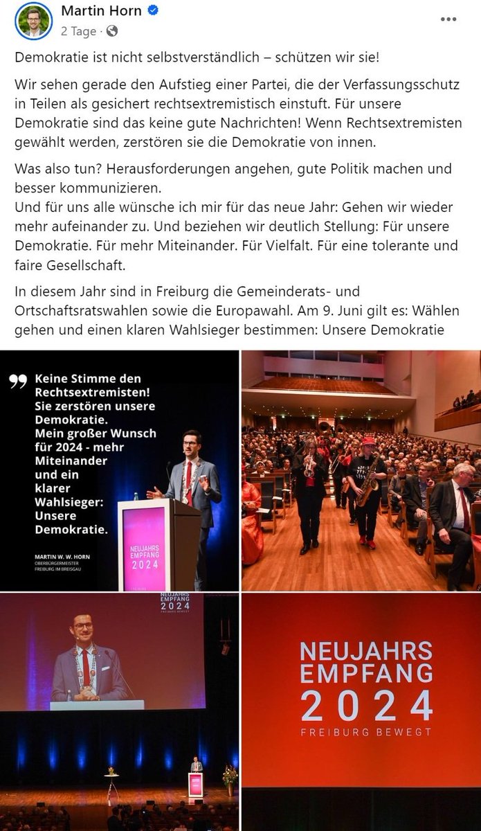 ❗️Verletzt OB Martin Horn zum wiederholten Mal das Neutralitätsgebot?!❗️

Martin Horn äußerst sich in seiner Neujahrsansprache unmissverständlich auch ohne den Namen der AfD explizit zu nennen. 

Ist eine Person mit diesem äußerst fragwürdigen Verhalten des Amtes würdig?