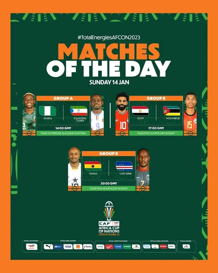 WillsTech99's tweet photo. On today's menu of #TotalEnergiesAFCON2023 games. 🍽️
1️⃣ Super Eagles 🦅🇳🇬 taking on Equatorial Guinea🇬🇶
2️⃣ The Pharaohs 🇪🇬 up against Mozambique 🇲🇿
3️⃣ Black stars ⭐🇬🇭 will be battling with Cape Verde 🇨🇻
#ToatalEnergiesAFCON
#CAF
#NIGEQU
#EGYMOZ
#GHACAP
#willstech99 https://t.co/78IDysHxTf