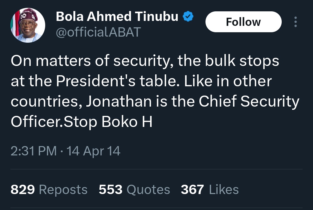 Jack_ng01's tweet photo. Alhaji Bola Ahmed Tinubu in 2014 said that the bulk of security matters rests on the table of CIC

Bola stop insecurity

Bola stop kidnapping

Bola stop banditry 

We are tired of sprinkling the blood of Jesus every eke market day 😤 https://t.co/IUXSFiQbS0