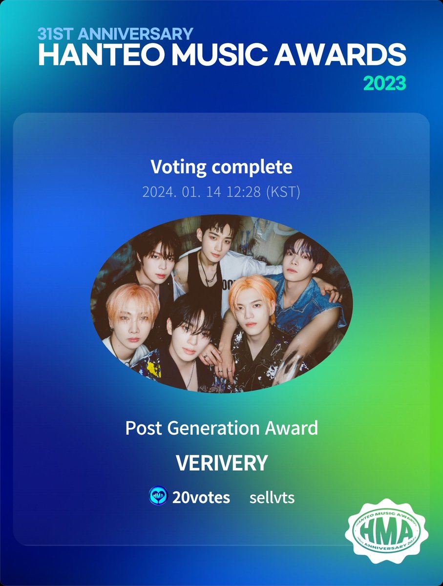 #sellvt_proof

RT Deal for #VERIVERY 
HMA Post Generation Award vote ⏳ ended 

20 HMA Ticket casted for #VERIVERY  based on 30 proofs

Thank you for participating 🤗