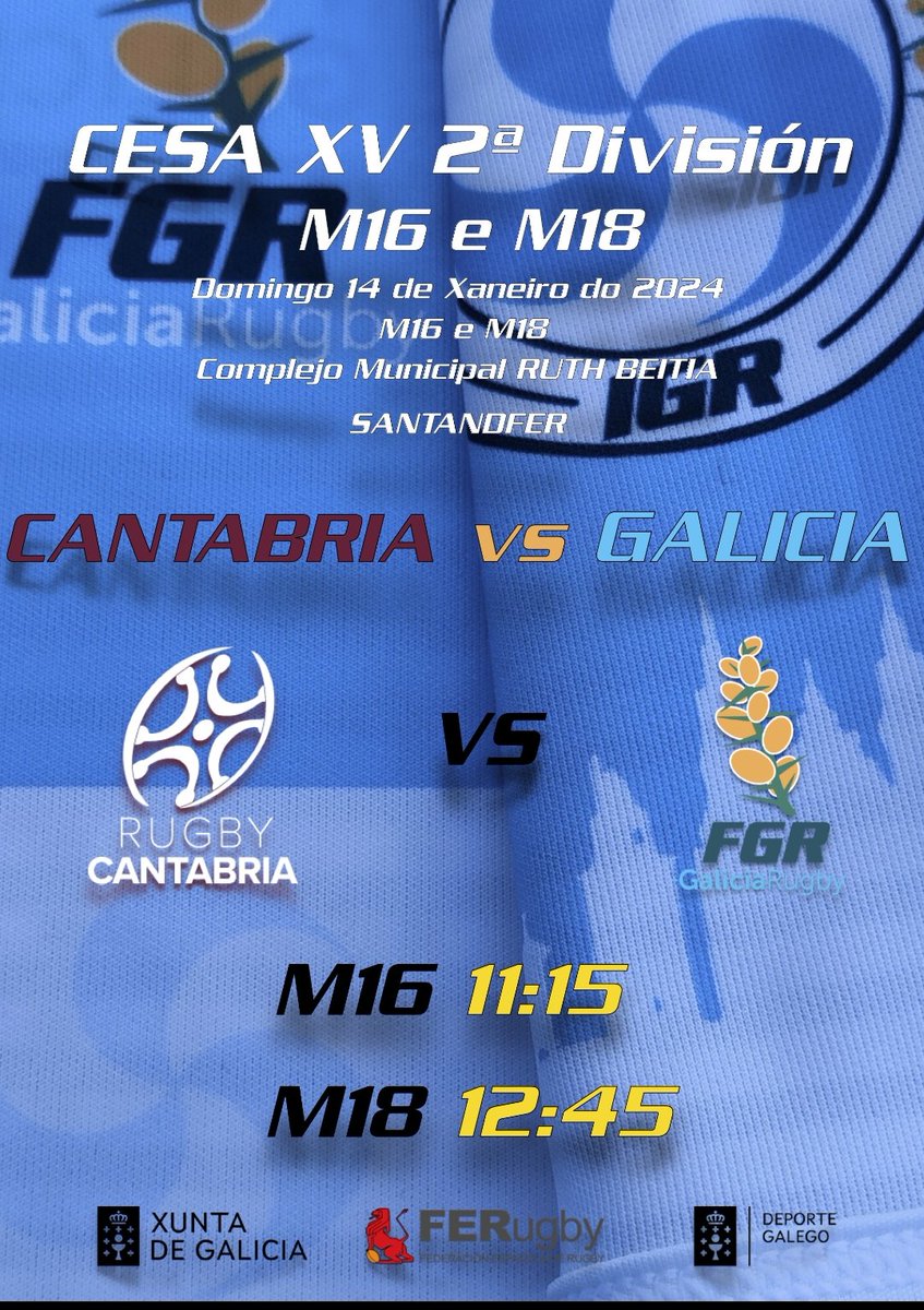 RugbyGalicia's tweet photo. 🏆 #CESAXV @ferugby
🔴⚪ Cantabria vs Galicia ⚪🔵
⏰ 11:15 M16
#RugbyGalego https://t.co/ETZDxFoD9H
