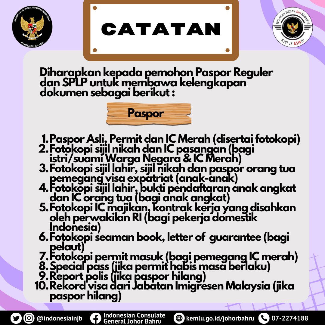indonesiainjb's tweet image. Informasi perubahan jadwal STO layanan Paspor Regulera dan SPLP 

#kjrijohorbahru 
#paspor 
#splp 
#zonaintegritas 
#negaramelindungi