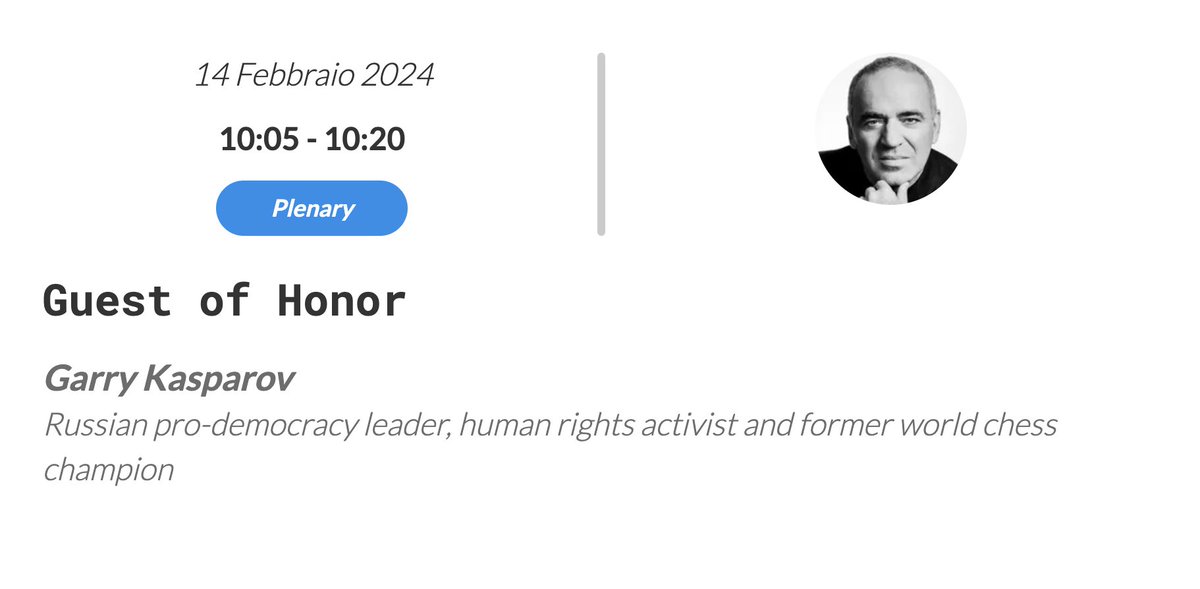 puortosimone's tweet image. Uno dei miei miti, @Kasparov63 , sarà in Italia per un breve speech sull'AI.
Non sono mai riuscito a incontrarlo, ma questa volta gli farò da stalker per farmi firmare #deepthinking.
#aifestival @WMFWeMakeFuture 
aifestival.it/next/programma…