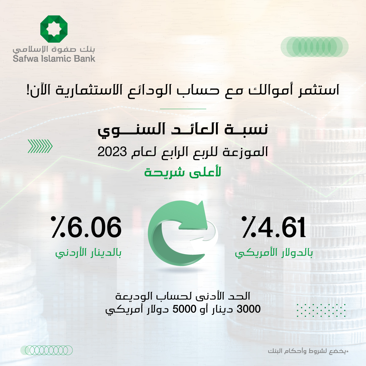 أحصل على نسبة أرباح مجزية واستثمر بذكاء مع حسابات الودائع الاستثمارية ومن خلال صفوة موبايل
للمزيد : bit.ly/Investment-Dep…