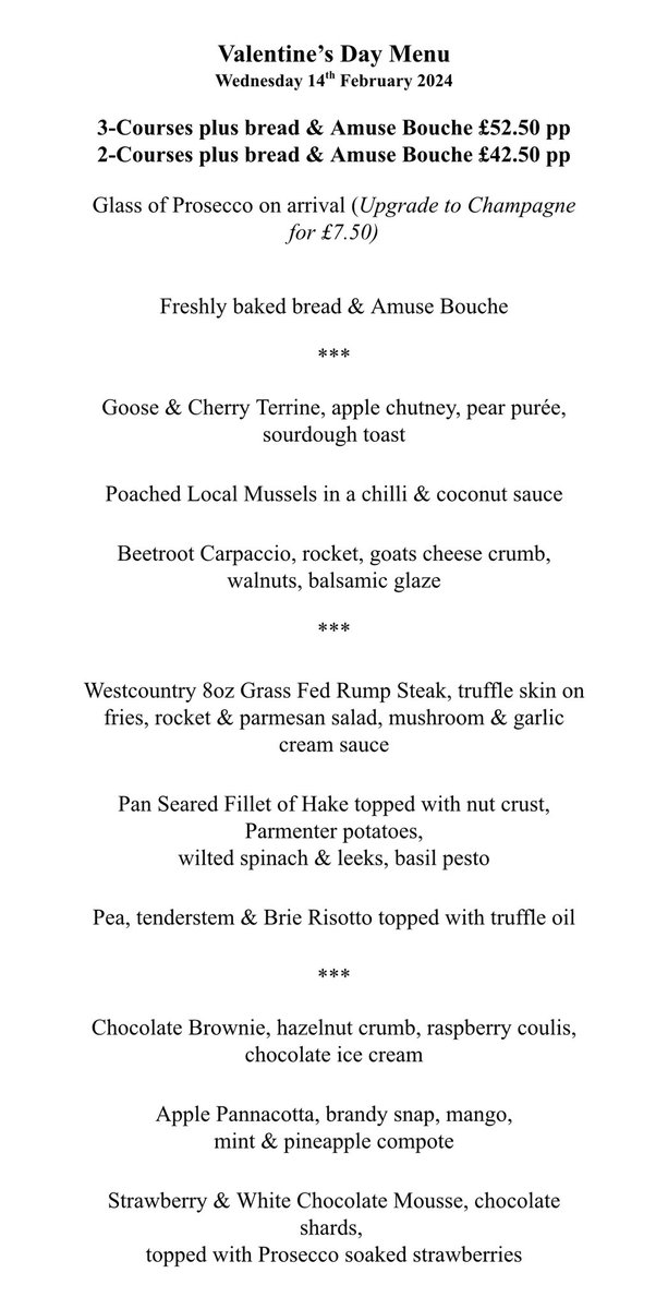 Cary Arms & Spa (@caryarms) on Twitter photo ❤️Only one month to go until our Valentine’s Day Celebration ❤️ surprise your loved one to a delicious dinner in the cosy surroundings of our traditional restaurant or charming conservatory.
* 3 Courses £52.50 pp 
* 2 Courses £42.50 pp
Inc bread & amuse bouche & glass of Prosecco ❤️Only one month to go until our Valentine’s Day Celebration ❤️ surprise your loved one to a delicious dinner in the cosy surroundings of our traditional restaurant or charming conservatory.
* 3 Courses £52.50 pp 
* 2 Courses £42.50 pp
Inc bread & amuse bouche & glass of Prosecco