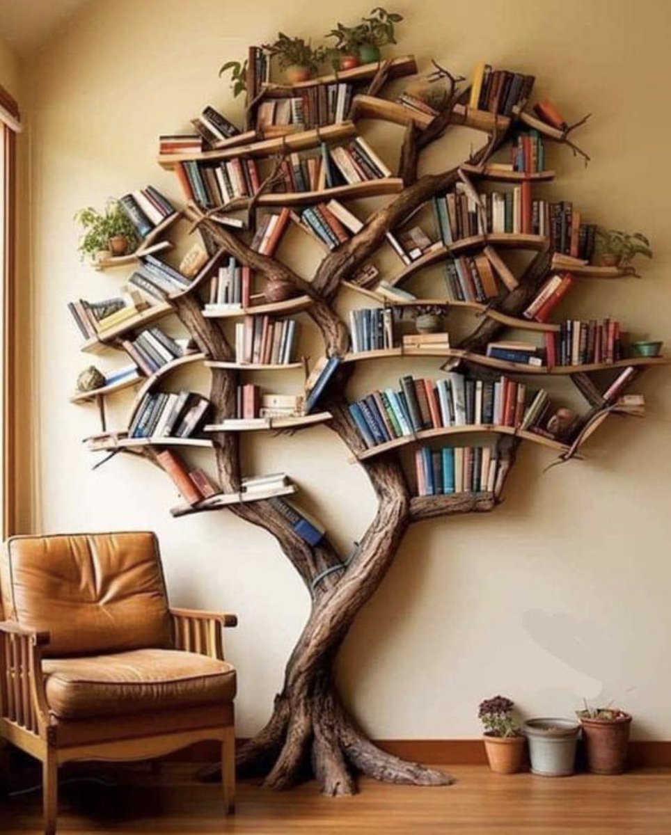 What an amazing book case #books #bookcase #tree #awesome #amazing #clever #design #hardback #chair #wooden #branches #loveit #bark