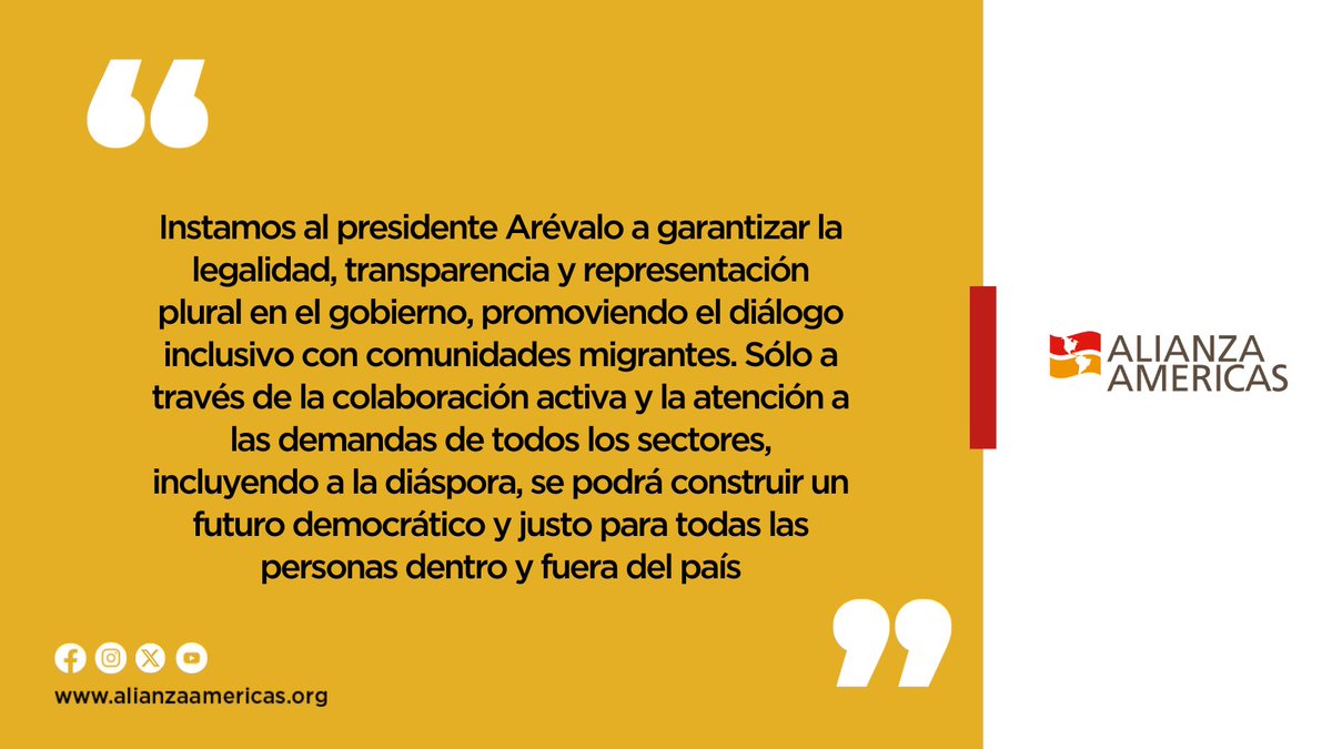 Hoy es un día significativo para #Guatemala: la llegada de #BernardoArévalo a la presidencia y de #KarinHerrera marca un hito en la democracia del país. Lea el pronunciamiento de Alianza Americas al respecto ➡️bit.ly/3tUNREI