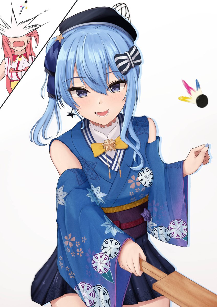 hoshimachi suisei 1girl solo blue hair hat paddle blue eyes japanese clothes  illustration images
