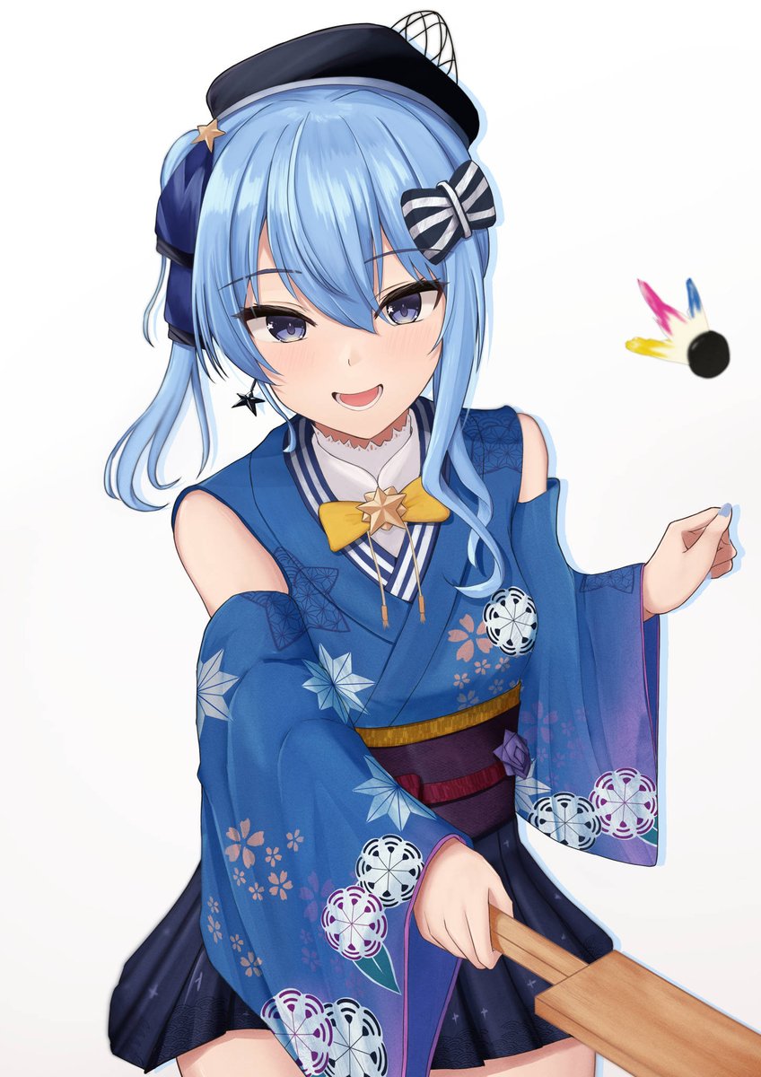 hoshimachi suisei 1girl solo blue hair hat paddle blue eyes japanese clothes  illustration images