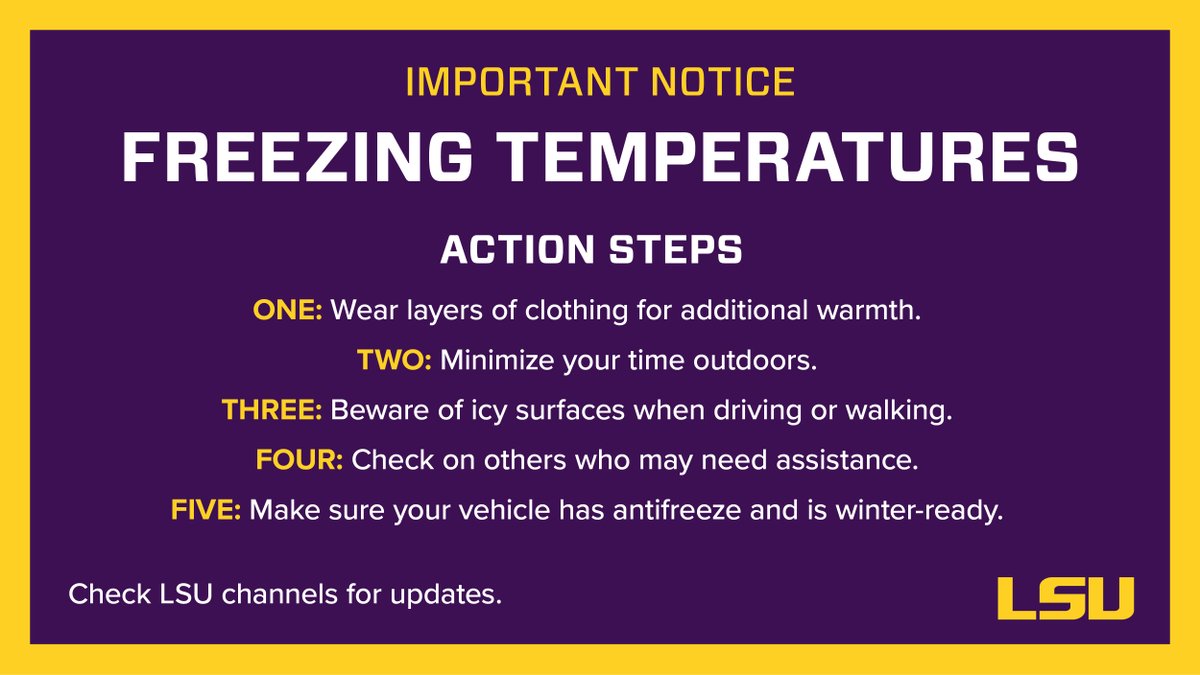 LSU's tweet photo. Cold weather is coming our way 🥶

The LSU EOC is monitoring the potential winter weather that is forecast for our area on Monday evening. Please monitor LSU social media, https://t.co/ZpdXnsq2si, or the LSU app for updates and alerts about the start of the semester. https://t.co/MoJmrZJhYs