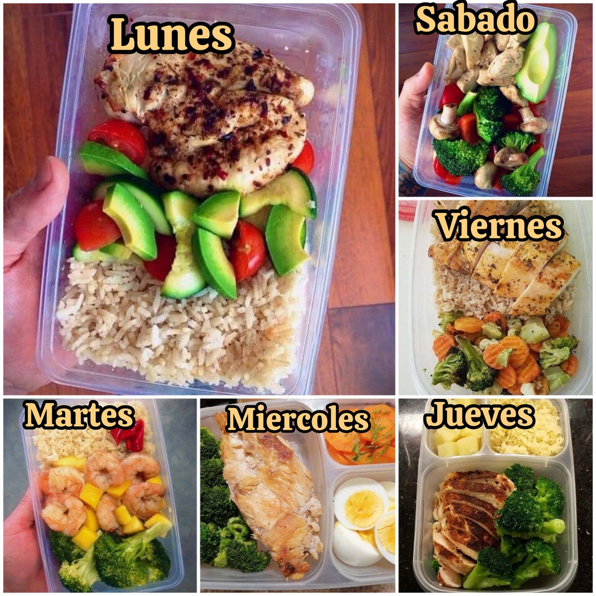 NutriologoGiron's tweet photo. Almuerzos para llevar al trabajo

Lunes
-Pechuga
-Verduras
-Aguacate
-Arroz

Martes
-Camarones
-Arroz
-Verduras

Miércoles
-Pechua
-huevo
-Verduras
-Camote

Jueves
-Pechuga
-Brocoli
-Papas

Viernes
-Filete de cerdo
-Quinoa
-Verduras

Sábado
-Filete 
-Quinoa
-Verduras https://t.co/YRzq0LX6VR
