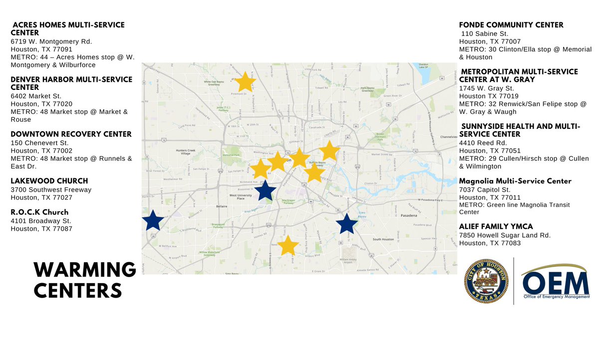City of Houston (@houstontx) on Twitter photo For those who need to escape the elements, the following warming center locations will be open from 8 p.m. Monday, January 15. All City of Houston facilities will accept pets. These pets may be required to stay in kennels provided by <a href="/BARC_Houston/">BARC Animal Shelter & Adoptions</a> . The City of Houston will offer For those who need to escape the elements, the following warming center locations will be open from 8 p.m. Monday, January 15. All City of Houston facilities will accept pets. These pets may be required to stay in kennels provided by <a href="/BARC_Houston/">BARC Animal Shelter & Adoptions</a> . The City of Houston will offer