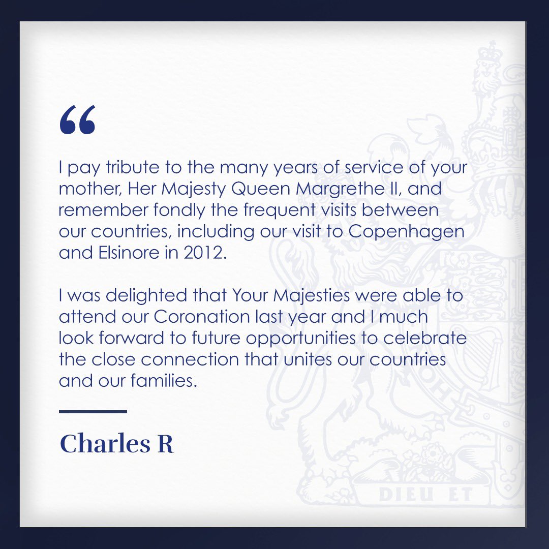🇩🇰 Et budskab fra Hans Majestæt Kong Charles III til Deres Majestæter Kong Frederik X og Dronning Mary på dagen for tronbestigelsen i Kongeriget Danmark. (2/2)