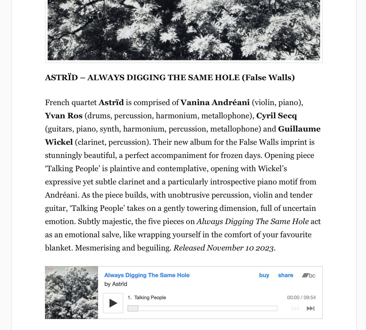 Lovely review of the new ASTRÏD album at Further.  

"Their new album is stunningly beautiful, a perfect accompaniment for frozen days. Subtly majestic ... Mesmerising and beguiling."

furtherdot.com
falsewalls.co.uk