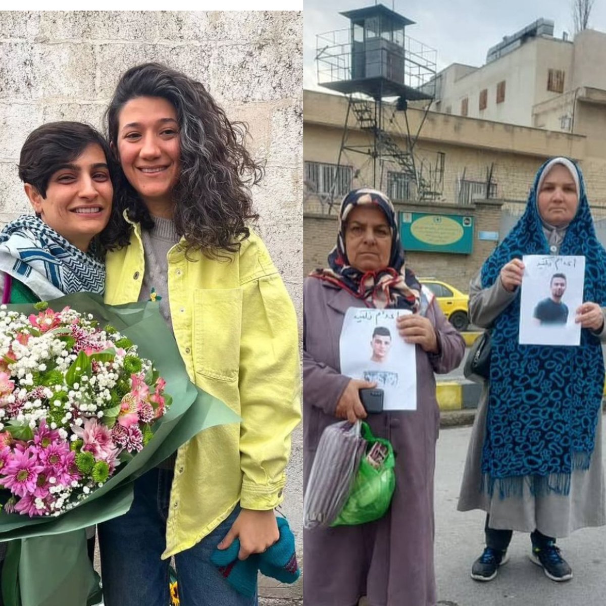 هر دو تصویر برای امروز ۲۴ دی مقابل زندان اوین است. الهه محمدی و نیلوفر حامدی عزیز پس از ماه ها بلاتکلیفی موقتا از زندان آزاد شدند و خانواده ۴زندانی سیاسی کرد در مقابل اوین در اعتراض به حکم #اعدام عزیزانشان تجمع کردند… #زن_زندگى_آزادى