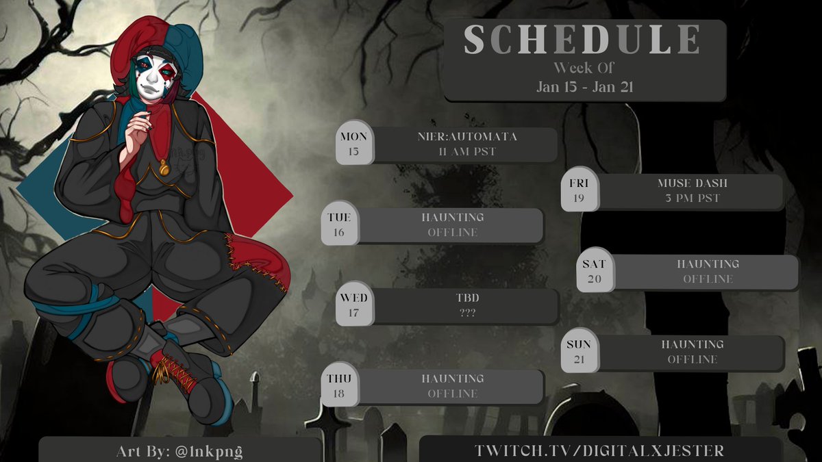 DigitalxJester's tweet image. H̴͈͕̏͋Ạ̸̽̓̾̉͋̈́͘͘ ̵̧̩̬̦͉̪̤̯̥͔̃͐̉̔͌H̸͚̆̾͆̔̅̕A̶̧̛͖͓̐̑̓͗̑̃̔͘ ̴̨͑̇̉̈́͝H̵͎̻͐Ą̴̨̹̠̝̬̲͝

NEW SCHEDUAL FOR THE WEEK NEW SCHEDUAL
🃏🪦🎭
#Vtuber #pngtuber #VtuberSupport #ENVtuber #twitchstreamer