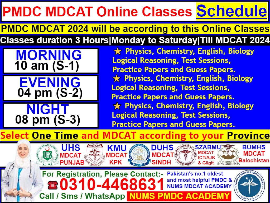 NumsPmc's tweet photo. [#SCHEDULE] for MDCAT 2024 Classes, #ATTENTION MDCAT candidate's
👉 MDCAT 2024 date &amp; syllabus 
✔️ PMDC MDCAT: 1st September
PMDC MDCAT On-line Classes for Repeaters &amp; Freshers students
 
#UHS Punjab | #KMU KPK | #DUHS Sindh | #BUMHS Balochistan | #SZABMU ICT/Gilgit"
#MDCAT2024 https://t.co/9MXoG4KeQC