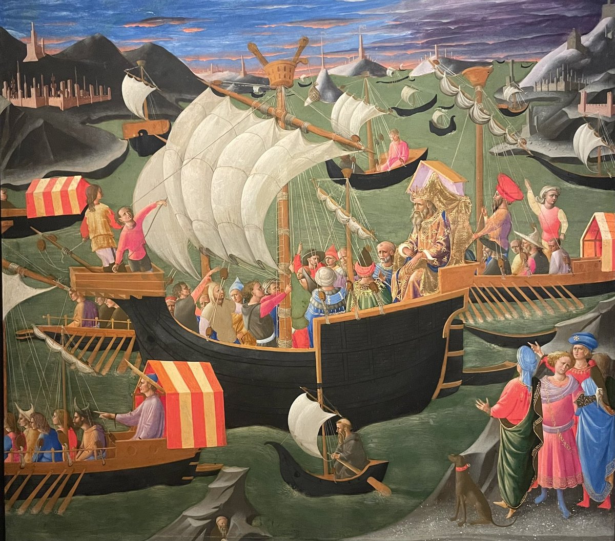King Melchior Sailing to the Holy Land (Francesco Pesselino, c. 1445), a wonderfully peculiar painting of heightened colours & a near psychedelic sky, currently on loan at the National Gallery.