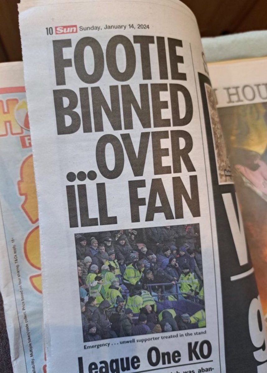 A football fan passed away at a match yesterday, and this is how the “scum” reported it. 
Why do I still see people buying this f**king rag? 
No one should go to a match and not come home. 
R.I.P Iain.