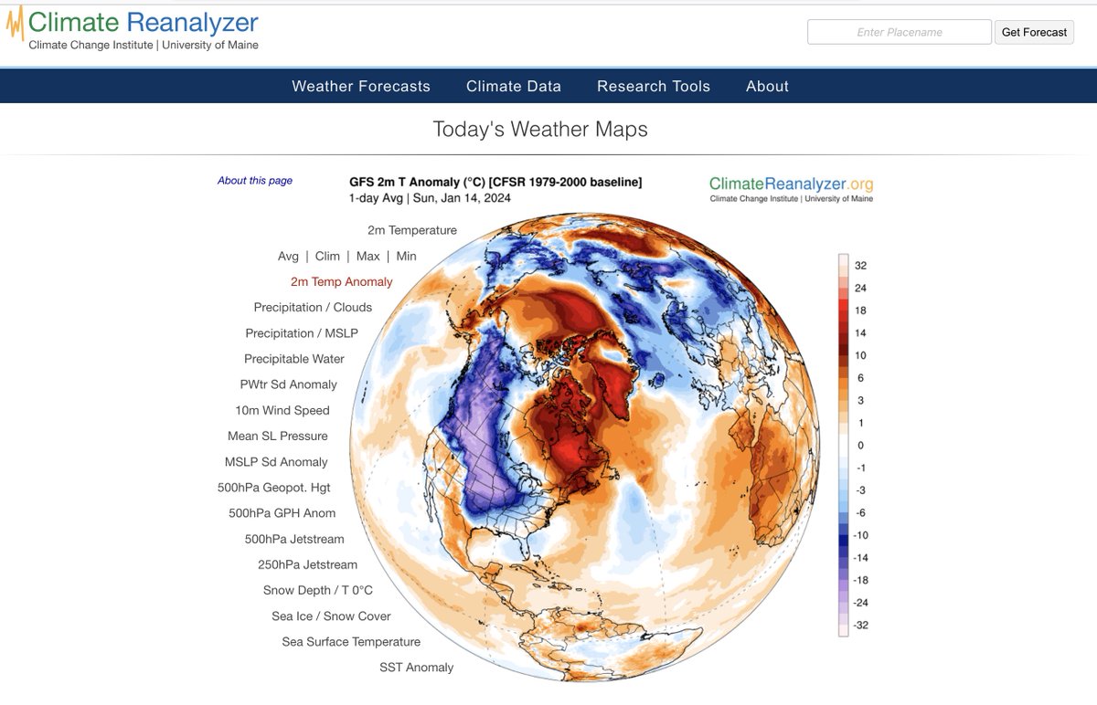 MichaelEMann's tweet photo. Yes, it's very cold over a sliver of North America that accounts for less than 1% of the planet (https://t.co/JxNnbB8L9j). 
Yes, the planet is the hottest it's every been in mid-January (https://t.co/ZyRSUDcTFA). https://t.co/RljNRnmul6