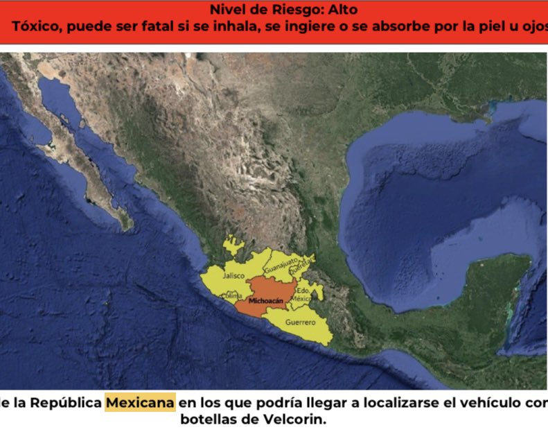 vivonoticiascol's tweet photo. La @CNPC_MX alerta a los Estados de Colima, Jalisco, Michoacán, Guanajuato, Querétaro, EDOMEX y Guerrero, por el robo de
un vehículo Ford F350, Super Duty, de 3.5 ton, blanco, que transportaba 2 botellas de aluminio de 25 kg c/u con #Velcorin un material tóxico y mortal. https://t.co/lSRwMcOKoI