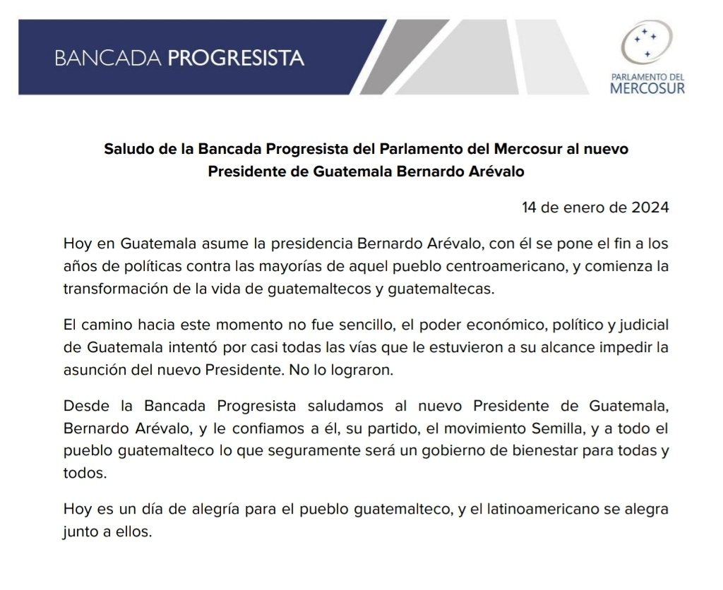 Bancada Progresista (@progresistas_ps) on Twitter photo Desde la Bancada Progresista saludamos al nuevo Presidente de Guatemala, <a href="/BArevalodeLeon/">Bernardo Arévalo</a>, y le confiamos a él, su partido, <a href="/msemillagt/">Movimiento Semilla 🌱 🇬🇹</a>, y a todo el pueblo guatemalteco lo que seguramente será un gobierno de bienestar para todas y todos. Desde la Bancada Progresista saludamos al nuevo Presidente de Guatemala, <a href="/BArevalodeLeon/">Bernardo Arévalo</a>, y le confiamos a él, su partido, <a href="/msemillagt/">Movimiento Semilla 🌱 🇬🇹</a>, y a todo el pueblo guatemalteco lo que seguramente será un gobierno de bienestar para todas y todos.