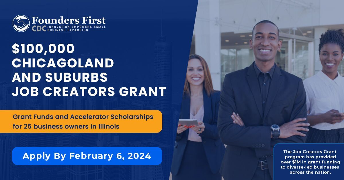 #GrantOpportunity <a href="/Founders1stCDC/">Founders First CDC</a> is excited to announce a total of $100,000 will be awarded to 25 diverse-led business owners in the State of Illinois. Yes, even if you're in #Peoria! Deadline = February 6. Apply now buff.ly/47CFQSx #ChicagoJobCreatorsGrant