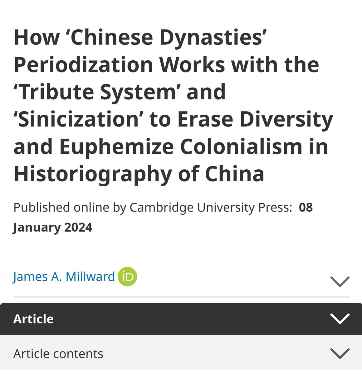 Important work by <a href="/JimMillward/">James Millward 米華健</a> on how historians unwittingly perpetuate Beijing's narratives about major non-Han groups' "historic" belonging to "China":

"A 2019 textbook covering Qing through the People’s Republic of China, published by Harvard...stat[es] that Xinjiang,