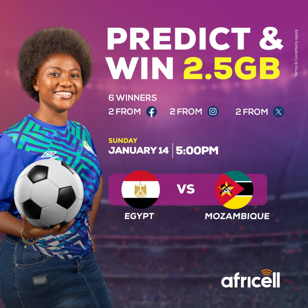 Jump into our comment section, share your correct prediction of this #AFCON2023    match, and you could snag a FREE 2.5GB Data 📲 .

Make sure you're following our pages and brace yourself for some serious winning vibes.

Terms and Conditions Apply🙏🏾.

#AfricellSL
#DiNetwork4U