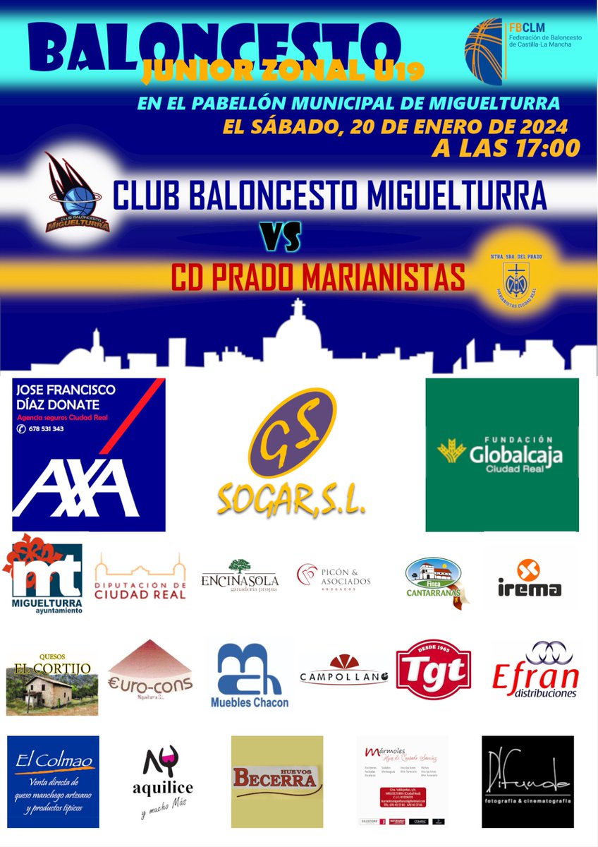 CBMiguelturra's tweet photo. Vuelve el Baloncesto al Pabellón Municipal de Miguelturra, sábado 20, 17:00 h. @CBMiguelturra contra Prado Marianistas. Junior Zonal, 
#elbalonsiguebotando https://t.co/0fnHbR6bMZ