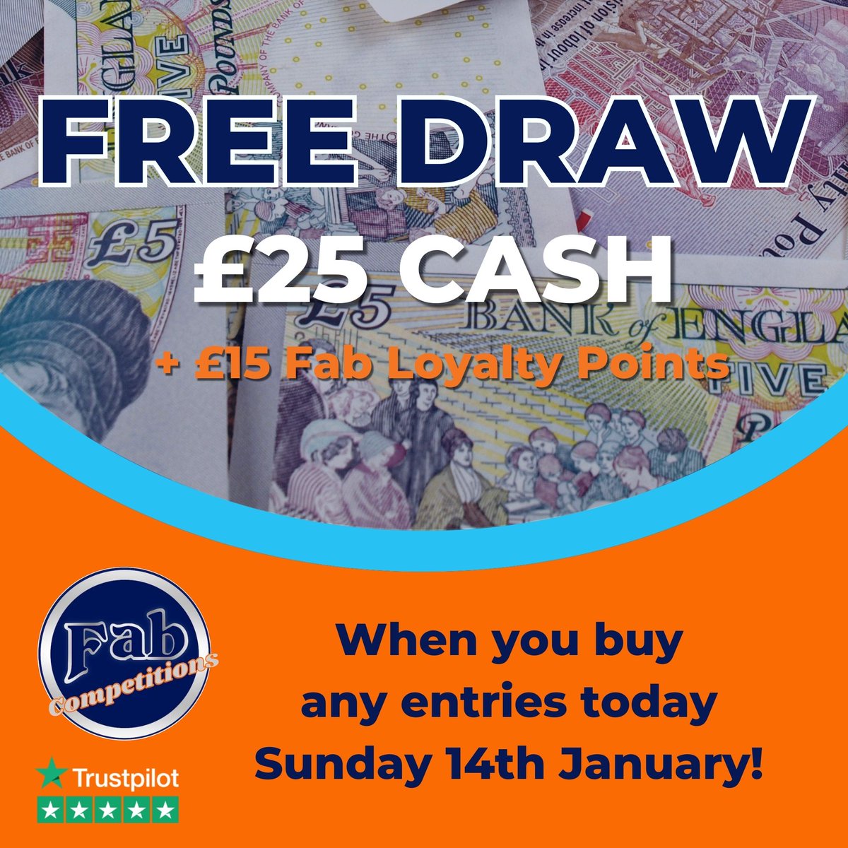 FABCompetition's tweet image. We'll give you a FREE entry into a draw for £25 Cash and £15 Fab Loyalty Points, when you buy any entries today!

The free cash and points winner will be drawn on Tuesday night's live draw with Ben.

Plus save 15% on your entries today with code SUNFUN

#freegiveaway #freecomp
