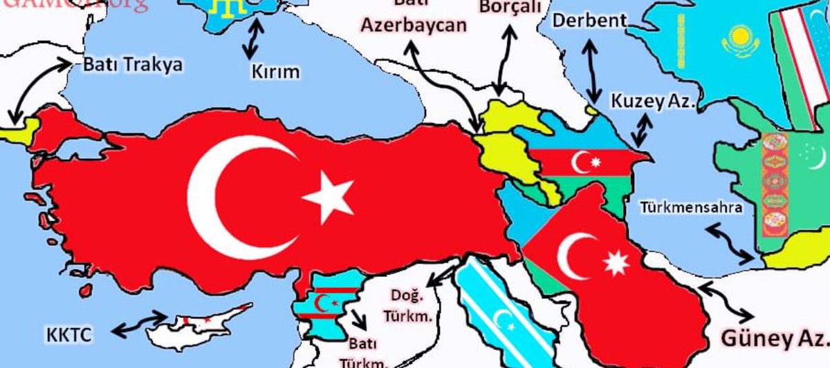 Teröristlere en güzel cevap: Türkiye Güvenlik Politikaları Stratejisi
3-5 yıl içinde; Şartlar oluştuğunda,
Aşağıdaki devletlerin kurulması sosyolojik gerçekliktir.

Güney Azerbaycan Türk Cumhuriyeti (Tebriz)
Doğu Türkmeneli Cumhuriyeti (Kerkük)
Batı Türkmeneli Cumhuriyeti (Halep)