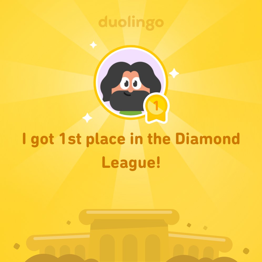 I finished 1st place in Diamond League on <a href="/Duolingo/">Duolingo</a>!