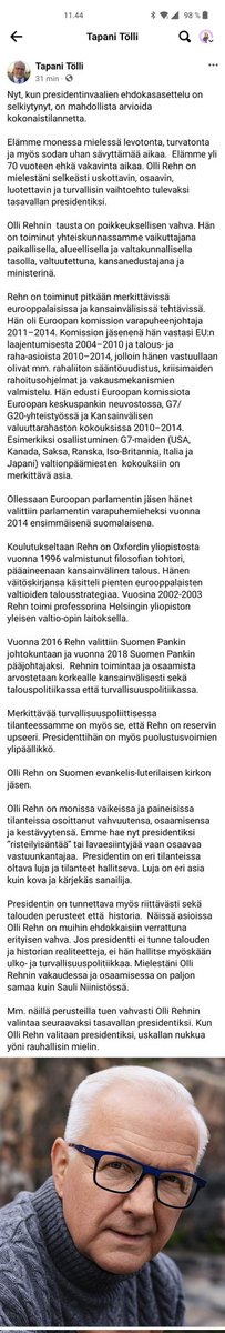 ppkeskusta's tweet photo. Tapani Tölli kuvaa Ollia todella osuvasti. Hän on tuntenut Ollin koko hänen poliittisen ja taloudellisen uransa aikana. Tapanin sanaan kannattaa luottaa äänestyspäätöstä tehdessä ja lukea tämä postaus. #OlliRehn2024 #presidentinvaalit https://t.co/0UJ4lWIwku
