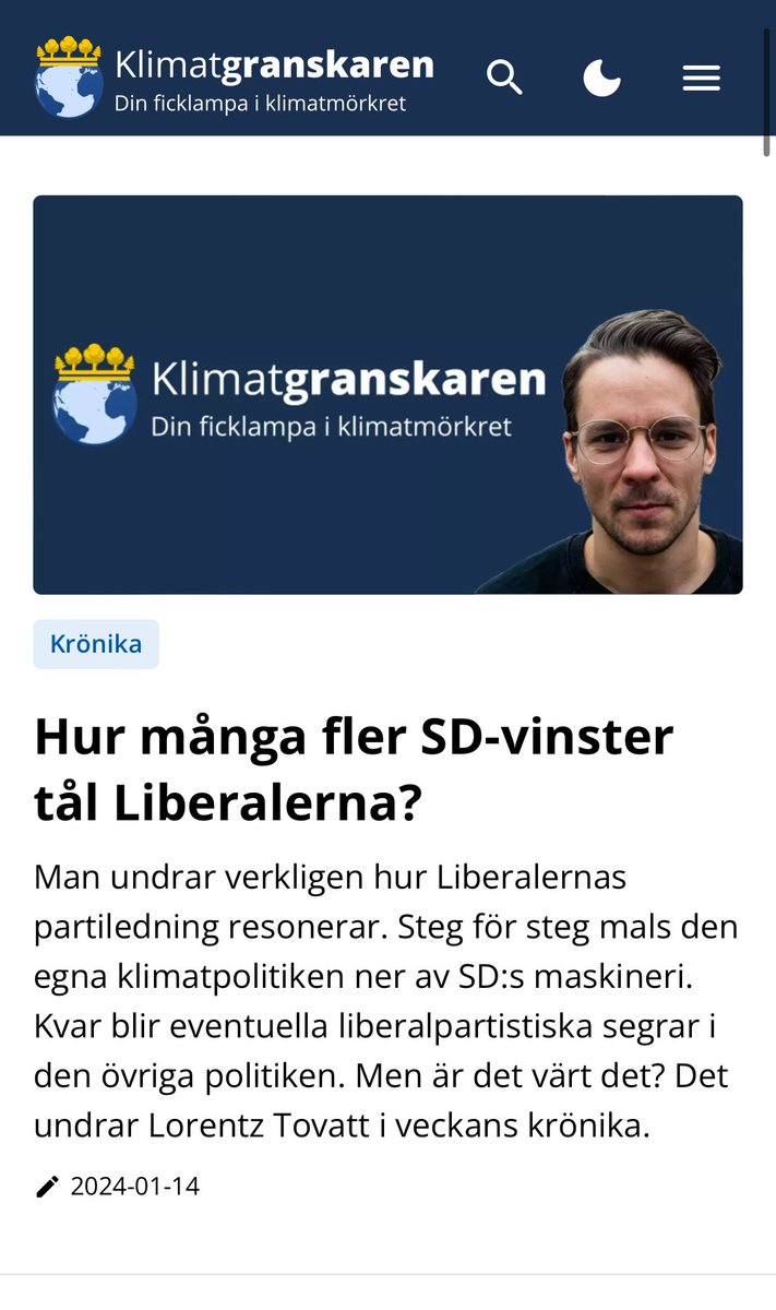 ”Tyvärr går det nog inte att sluta sig till annat än att L helt enkelt prioriterat maktställning före innehållet i politiken. De är villiga att montera ned klimatpolitiken i utbyte mot att ett gäng liberalpartister får fina titlar på Regeringskansliet”