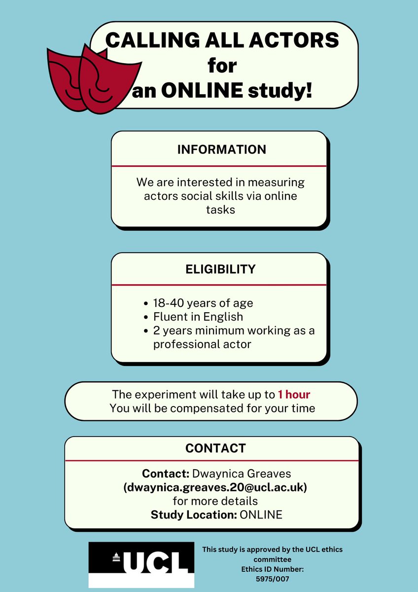 Dwaynica's tweet photo. Looking for a handful more of actors to participate in my online study! 
If you’ve been a professional #Actor for two years + and have 1 hour to spare before Tuesday email/dm me or apply on Mandy https://t.co/58YtsXa5nD #ActorsJobs #TheatreNeuroscience https://t.co/1kh6c4NSWU
