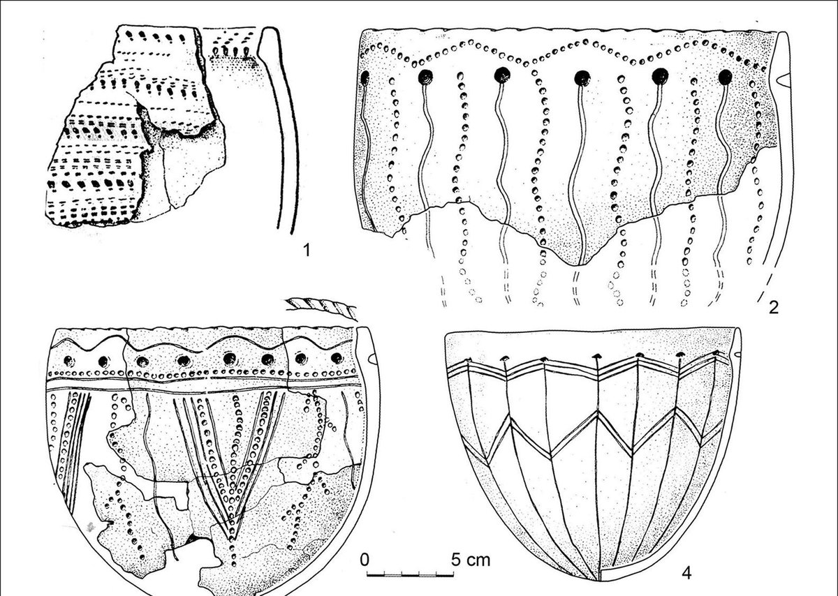 Sketches of pottery from the 8000-year-old Siberian hunter-gatherer site of Amnya I,  the oldest known promontory fort in the world.

The pottery was likely used to store preserved food, suggesting that the hunter-gatherers here were sedentary.

🆓 buff.ly/3R63VLa