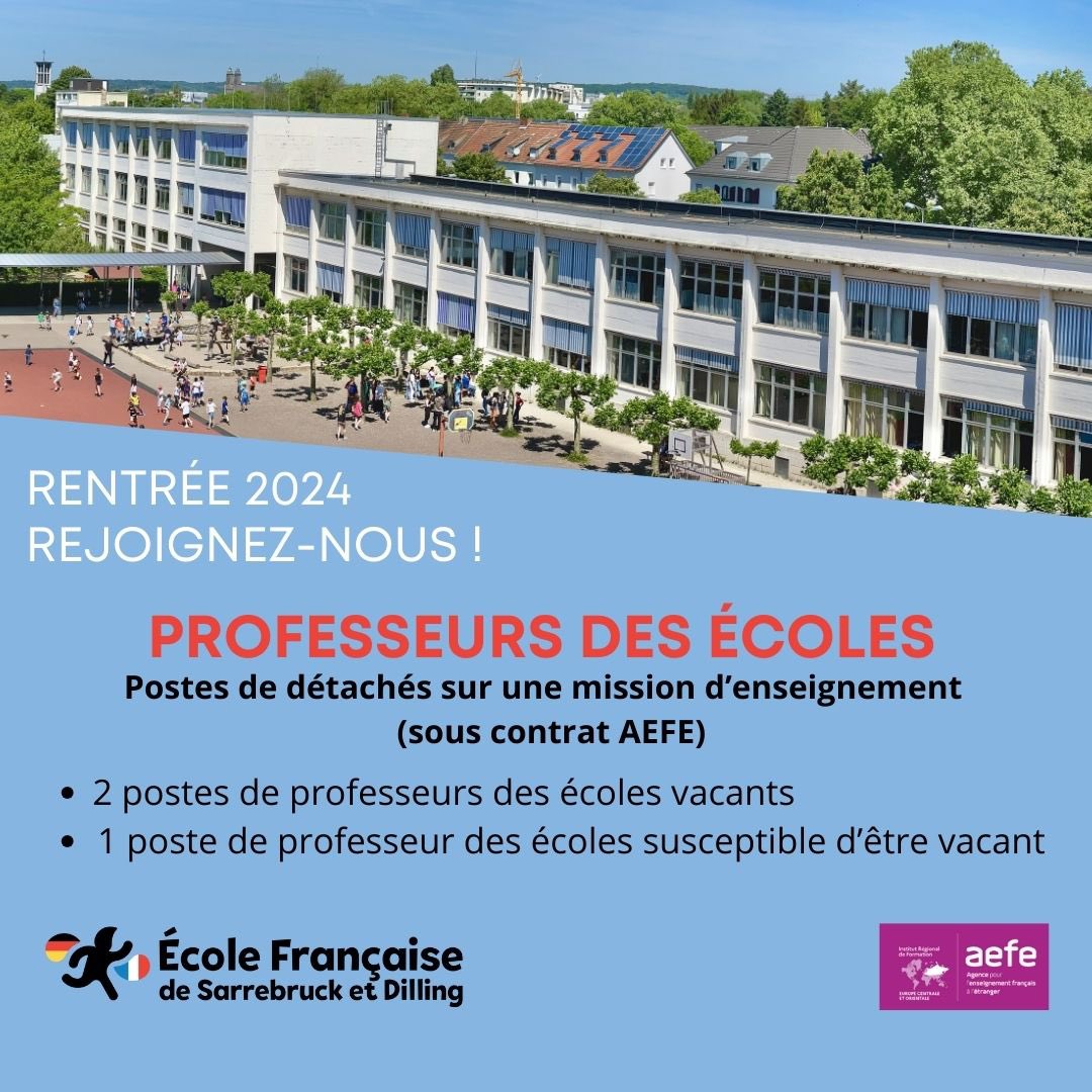 EFSD_SB's tweet photo. Rejoignez-nous à la rentrée 2024-2025 🇫🇷🇩🇪🇪🇺🌍
Postes de PROFESSEURS DES ÉCOLES détachés sur une mission d’enseignement @aefeinfo 
• 2 postes vacants
• 1 poste susceptible d’être vacant
Profil - Missions - Compétences ▶️ https://t.co/oYf7KbS5yV https://t.co/rpMvA9eyn9