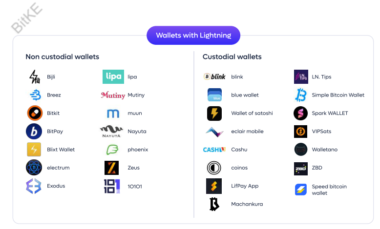<a href="/lightning/">Lightning Labs⚡️🌐</a> <a href="/binance/">Binance</a> <a href="/bitfinex/">Bitfinex</a> <a href="/CoinCorner/">CoinCorner</a> <a href="/Okcoin/">Okcoin</a> <a href="/krakenfx/">Kraken</a> <a href="/BitMEX/">BitMEX</a> <a href="/BitMartExchange/">BitMart</a> <a href="/NiceXExchange/">NiceXExchange</a> <a href="/BudaPuntoCom/">Buda.com</a> <a href="/Bitstamp/">Bitstamp by Robinhood</a> Wallets with Lightning include:

<a href="/lipa_btc/">lipa</a> 
<a href="/BitPay/">BitPay</a> 
<a href="/bitkitwallet/">Bitkit</a> 
<a href="/exodus_io/">Exodus - Former Official Account</a> 
<a href="/walletofsatoshi/">Wallet of Satoshi</a> 
<a href="/CASHU/">CASHU</a> 
<a href="/Machankura8333/">Machankura 📞⚡ 8333.mobi</a> 
<a href="/BlixtWallet/">Blixt Wallet</a> 
<a href="/ElectrumWallet/">Electrum</a>
<a href="/vipsats/">vipsats</a> 
<a href="/get10101/">10101</a> 
<a href="/muun/"></a> 
<a href="/Nayuta_en/">Nayuta</a> 
<a href="/Walletano/">Walletano ⚡</a>