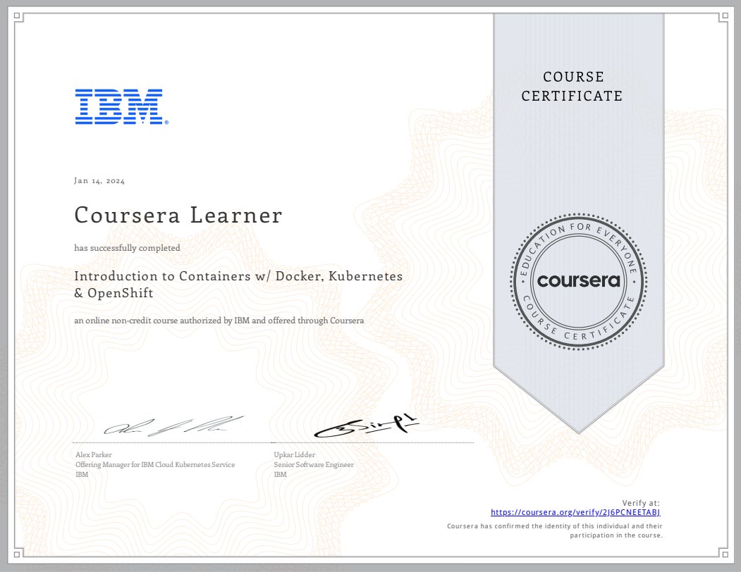 KartikRaina5802's tweet image. Just earned my certification in Introduction to Containers with Docker, Kubernetes &amp;amp; OpenShift! Excited to dive deeper into the world of containerization. 🚀 Ready to embark on this #ContainerizationJourney 🌐💻

#Coursera #Certified  #docker #kubernetes #IBM